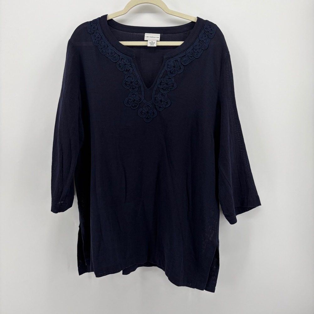 Liz Claiborne Womens XL Navy Blue Tunic Floral Embroidered Cotton Gauze Top